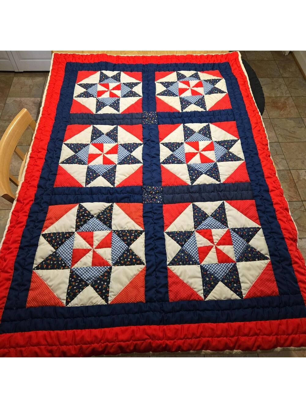 Handmade Patriotic Star Quilt 39x56" Lap Blanket Americana Vintage
